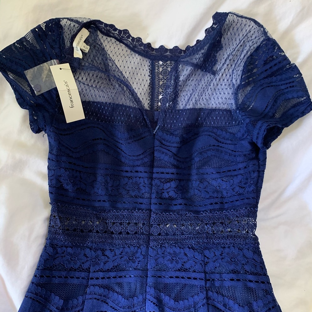 Francesca’s dark blue lace dress